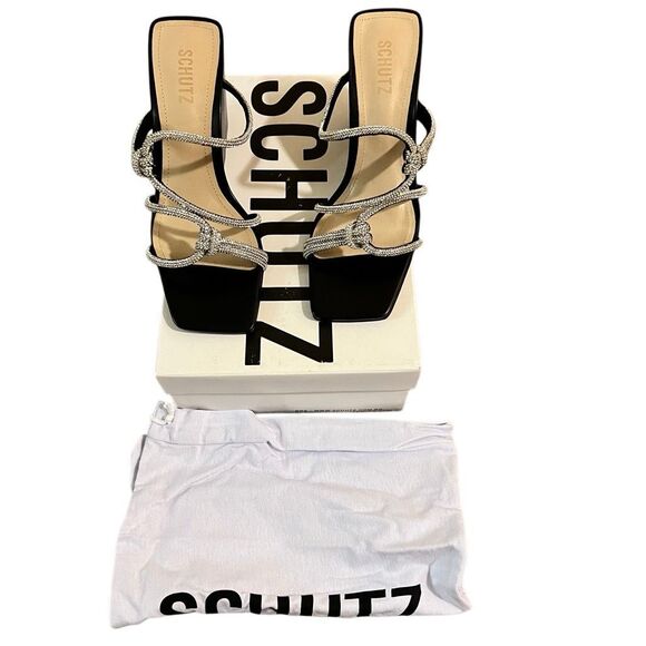 Schutz Squared Toe Crystal Strappy Wedge Platform Sandal “Lauryn” 8.5 Slip on